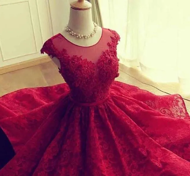 A Line Round Neck Short Lace Prom Dresses, Short Lace Formal Dresses, Graduation Dresses, Burgundy Homecoming Dresses