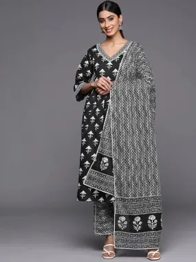 Black Printed Cotton A-Line Kurta With Trousers & Dupatta