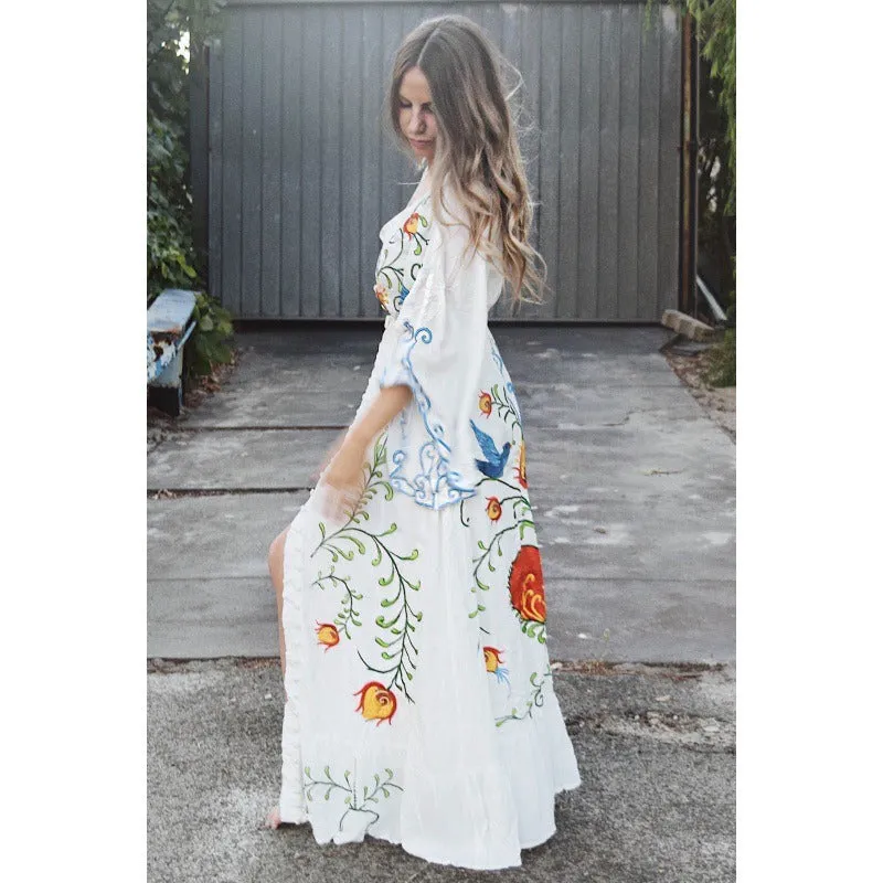 Boho Floral Embroidered Tie-Waist Maxi Dress