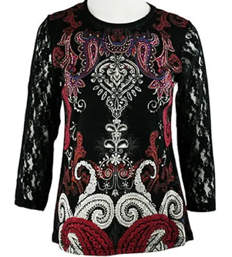 Cactus Fashion - Modern Paisley, 3/4 Sleeve, Scoop Neck Cotton Print Rhinestone Top