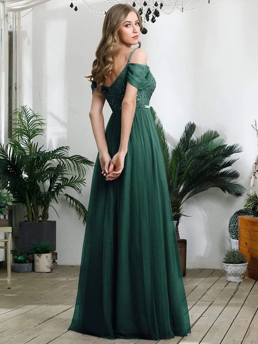 Cold Shoulder Sequin Bodice Long Tulle Bridesmaid Dress