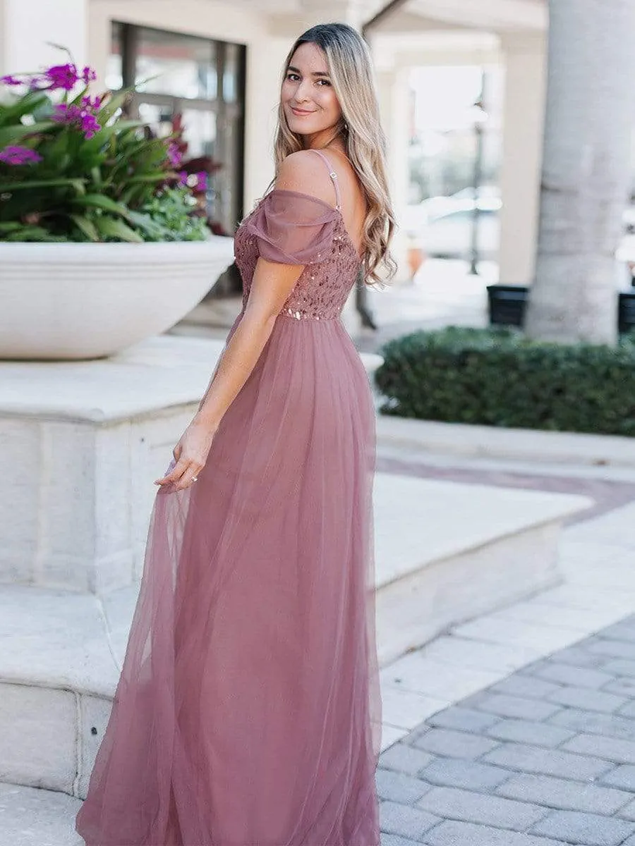 Cold Shoulder Sequin Bodice Long Tulle Bridesmaid Dress