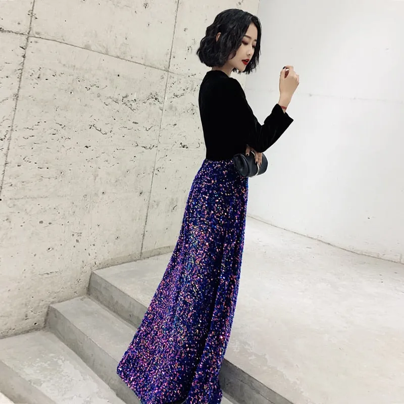 Contrast Sequin V-Neck Long Sleeve Evening Dress