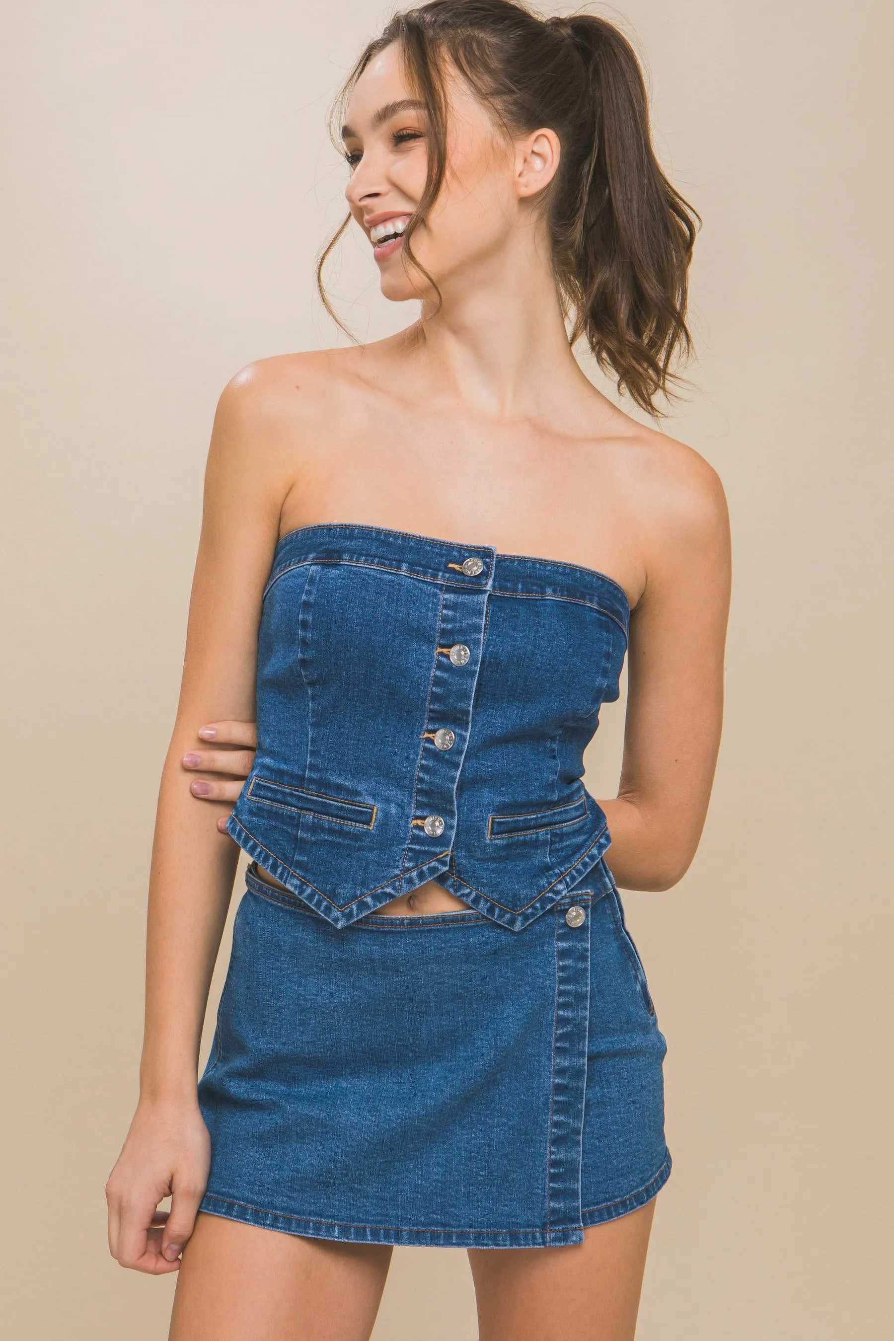 Denim Strapless Button-up Women's Crop Top