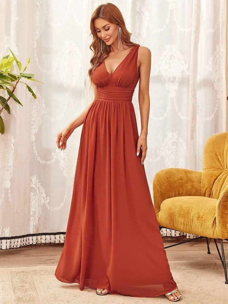 Elegant Sleeveless V-Neck Semi-Formal Maxi Chiffon Bridesmaid Dress