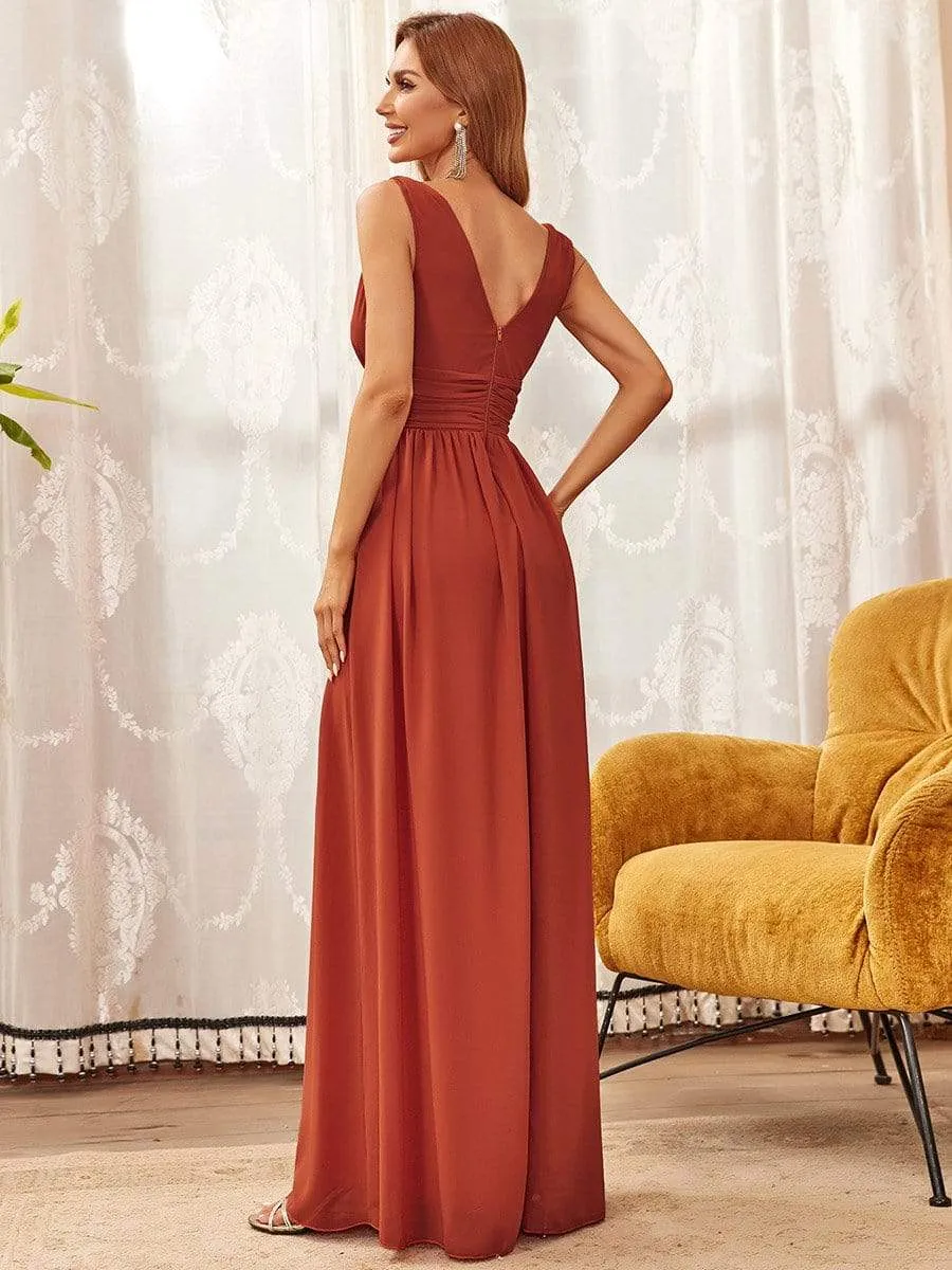 Elegant Sleeveless V-Neck Semi-Formal Maxi Chiffon Bridesmaid Dress