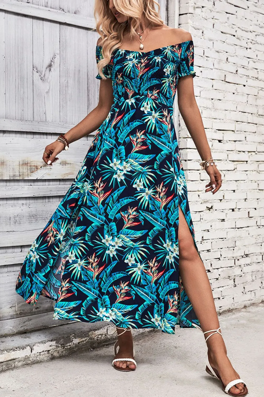 Floral Off-Shoulder Slit Dress