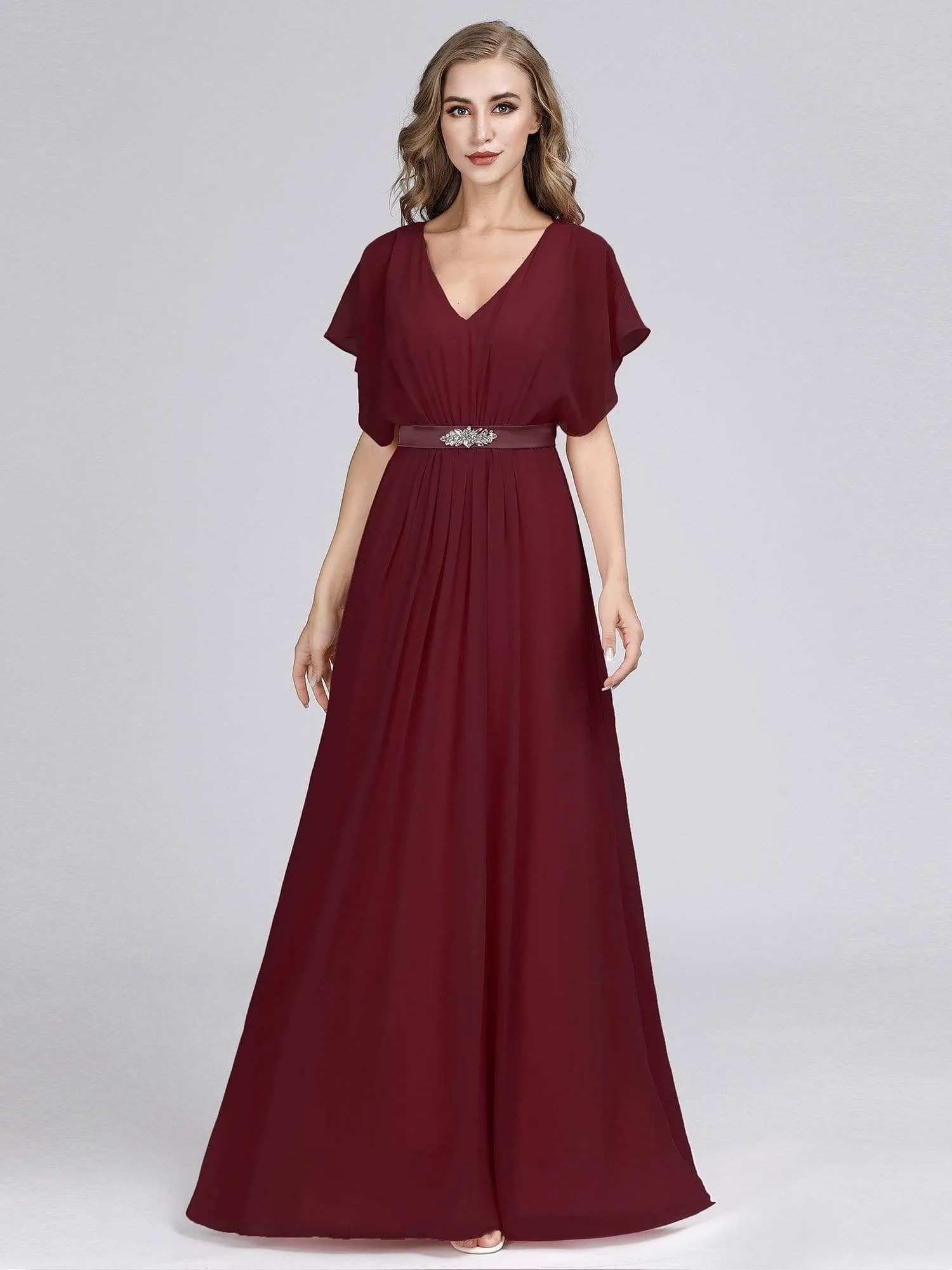 Flutter Sleeve Maxi Long Flowy Chiffon Evening Dress