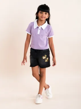 Girls Cotton Solid Half Sleeve Crop Length Polo Tee With Denim Hot Shorts Set