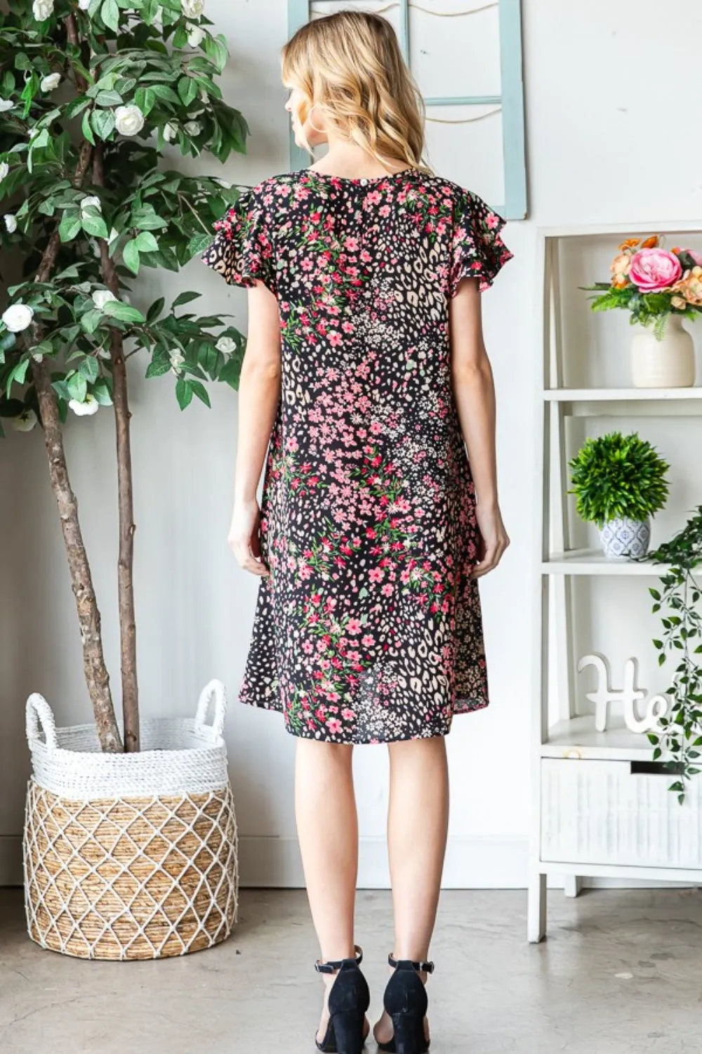 Heimish Printed Ruffled Short Sleeve Dress with Pockets