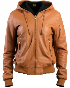 Leather Jacket Women Brown with Hood