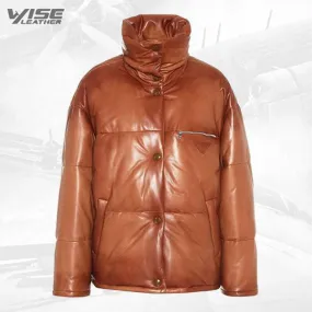 Mens Real Brown Leather Puffer Jacket