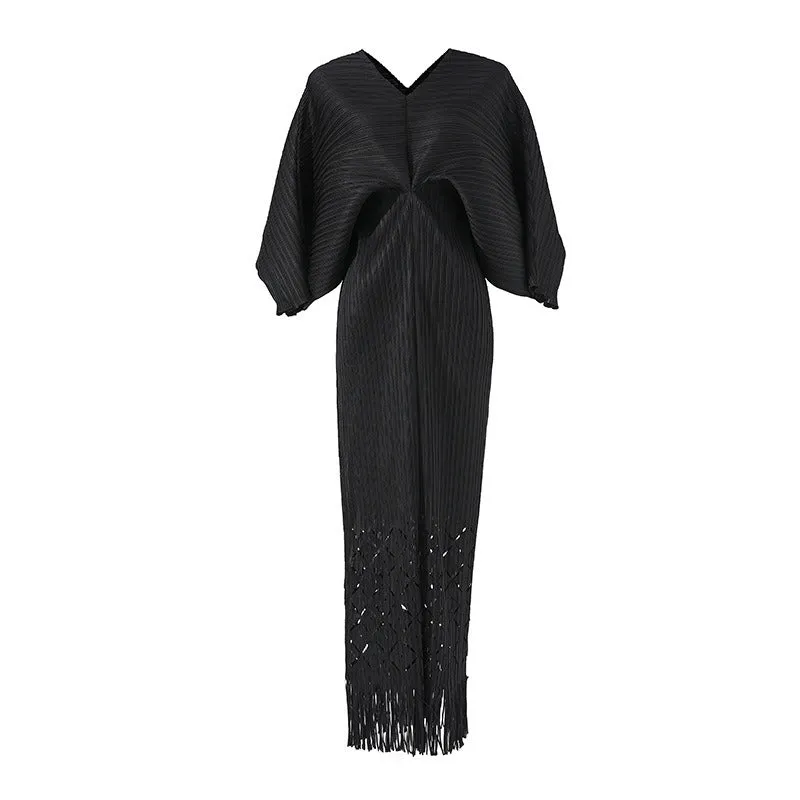 Miyake Pleated Batwing Sleeve Tassel Maxi Dress