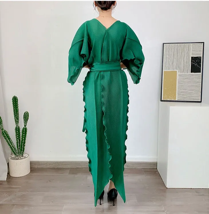 Miyake Pleated Irregular Hem Dress with Belt