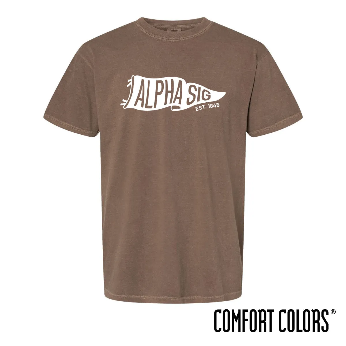 New! Alpha Sig Comfort Colors Brown Pennant Short Sleeve Tee