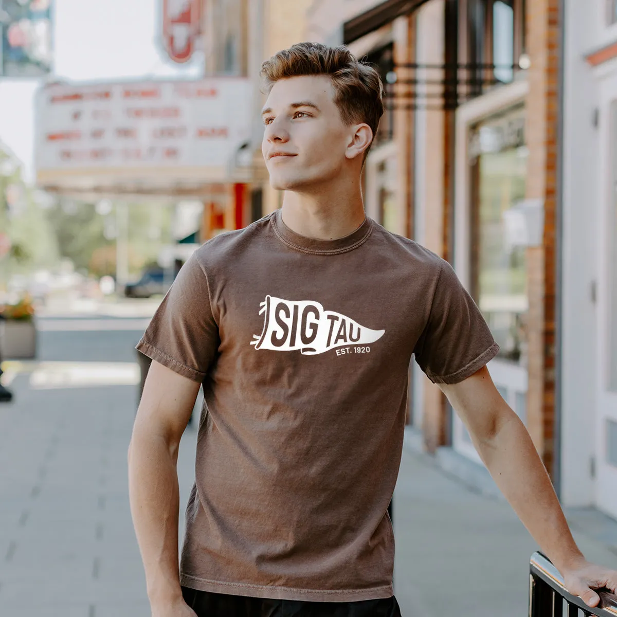 New! Sig Tau Comfort Colors Brown Pennant Short Sleeve Tee