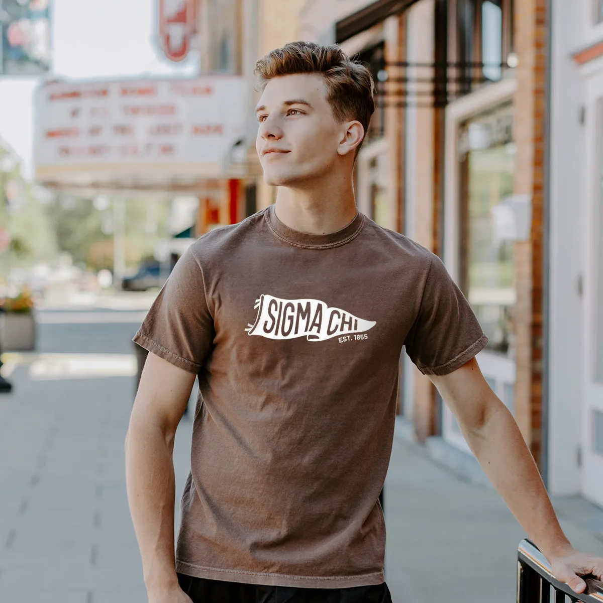 New! Sigma Chi Comfort Colors Brown Pennant Short Sleeve Tee