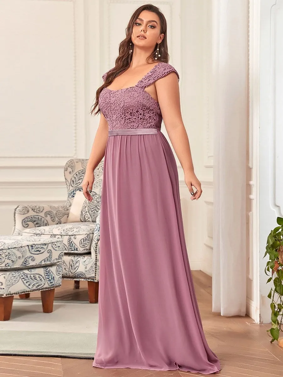 Plus Size Elegant A Line Long Chiffon Bridesmaid Dress With Lace Bodice