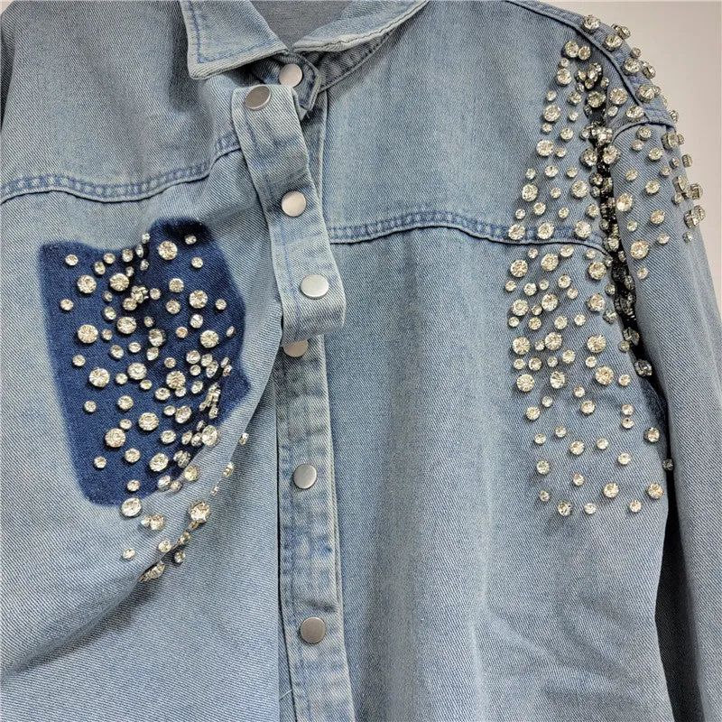 Pre Order:  Nail Bead Diamond Inlaid Loose Long Denim Shirt