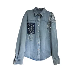 Pre Order:  Nail Bead Diamond Inlaid Loose Long Denim Shirt