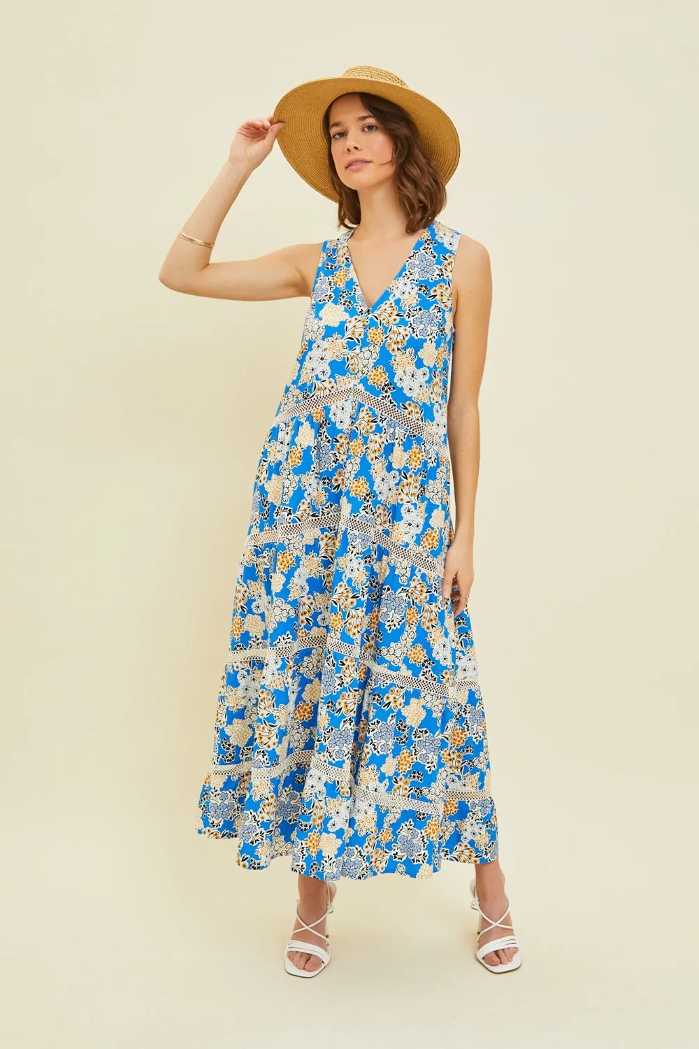 Printed Crochet Trim Maxi Dress