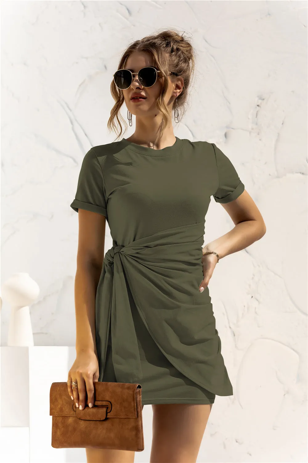 Round Neck Cuffed Sleeve Side Tie Dress