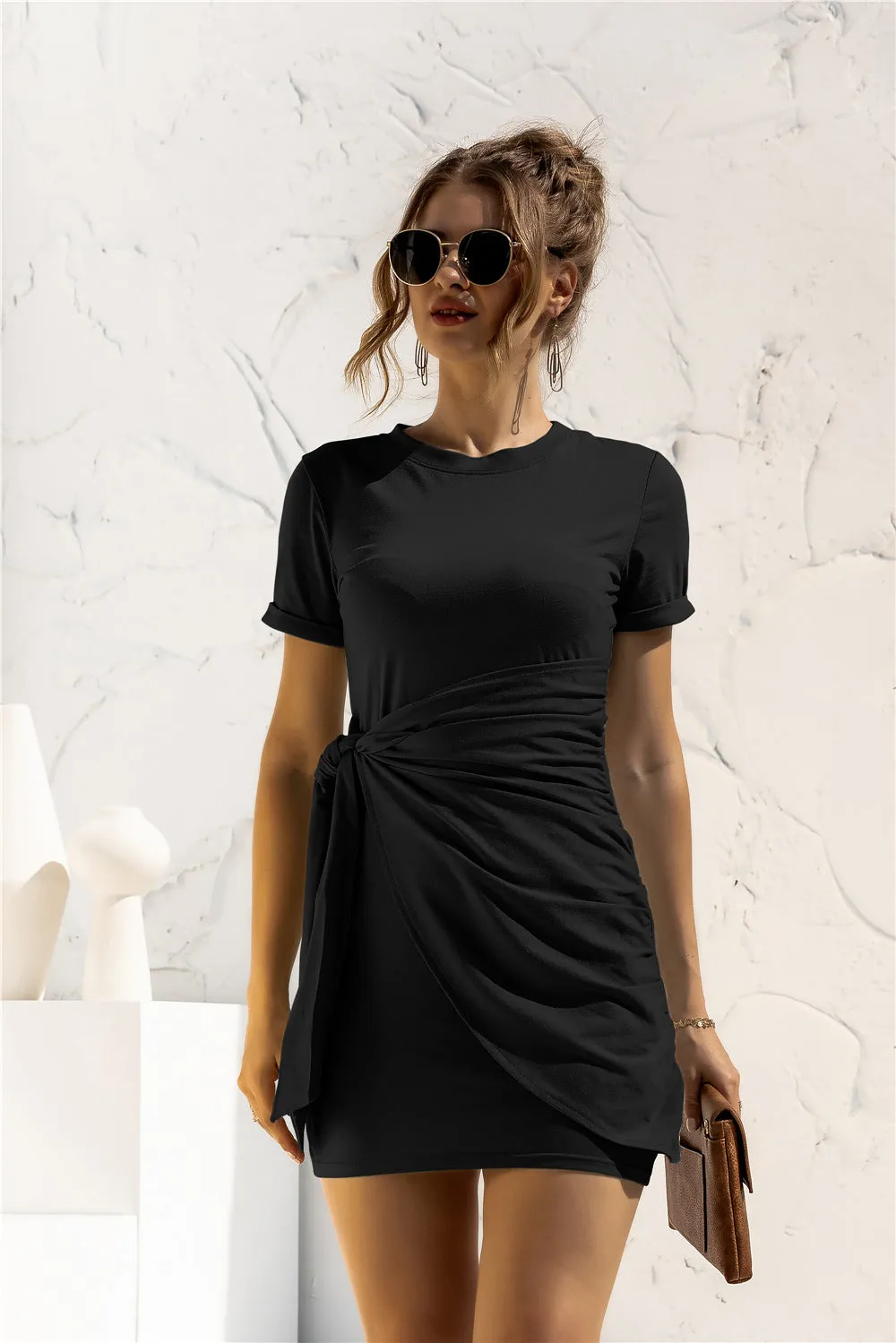 Round Neck Cuffed Sleeve Side Tie Dress