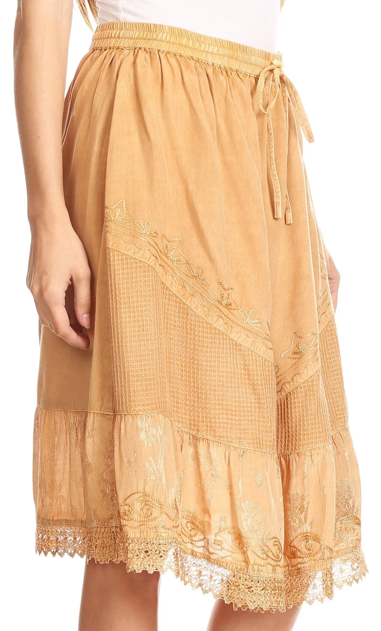 Sakkas Beren Mid Skirt Flared with Elastic Waist Embroidery Brocade and Crochet