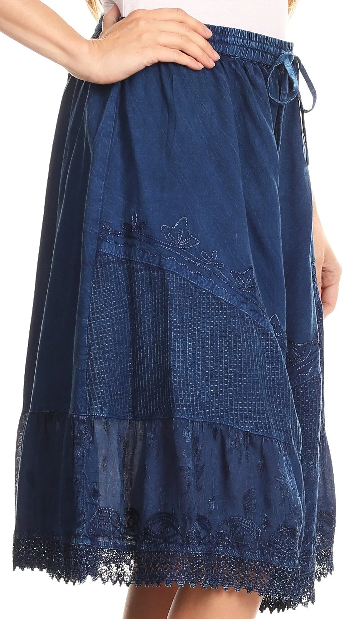 Sakkas Beren Mid Skirt Flared with Elastic Waist Embroidery Brocade and Crochet