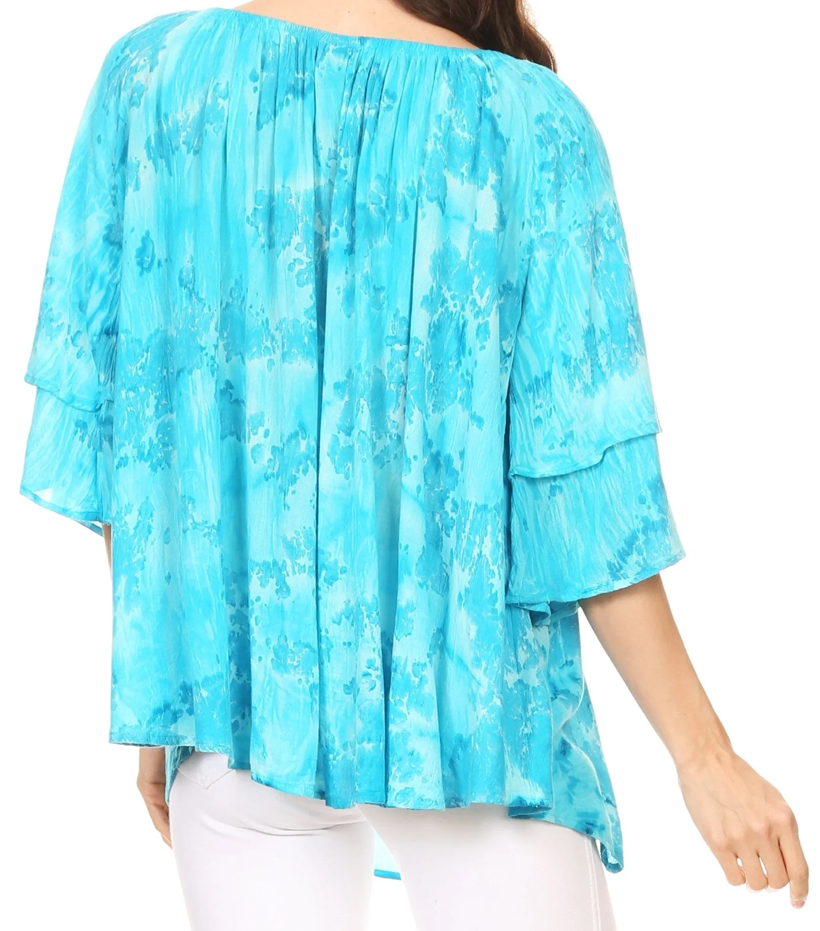 Sakkas Flora Watercolor Tie Dye Double Bell Sleeve Raglan Blouse