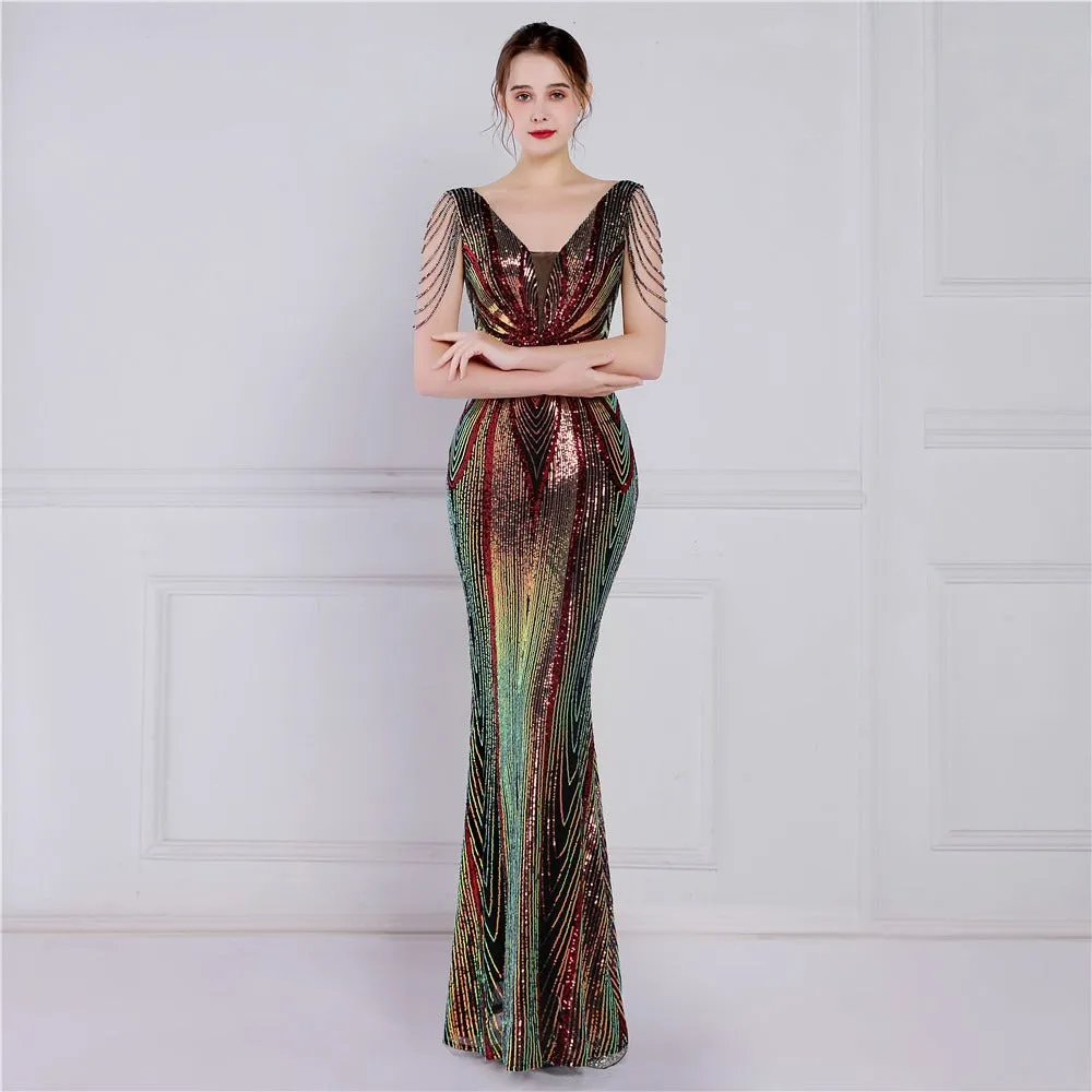 Sequin V-Neck Floor-Length Mermaid Dress