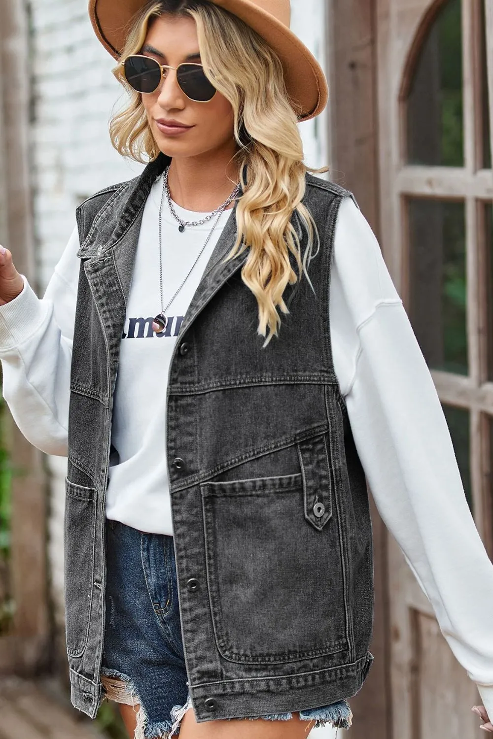 Sleeveless Denim Jacket with A Detachable Hood