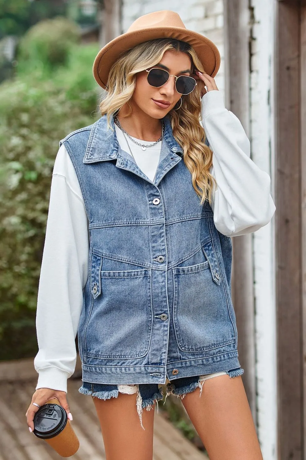 Sleeveless Denim Jacket with A Detachable Hood