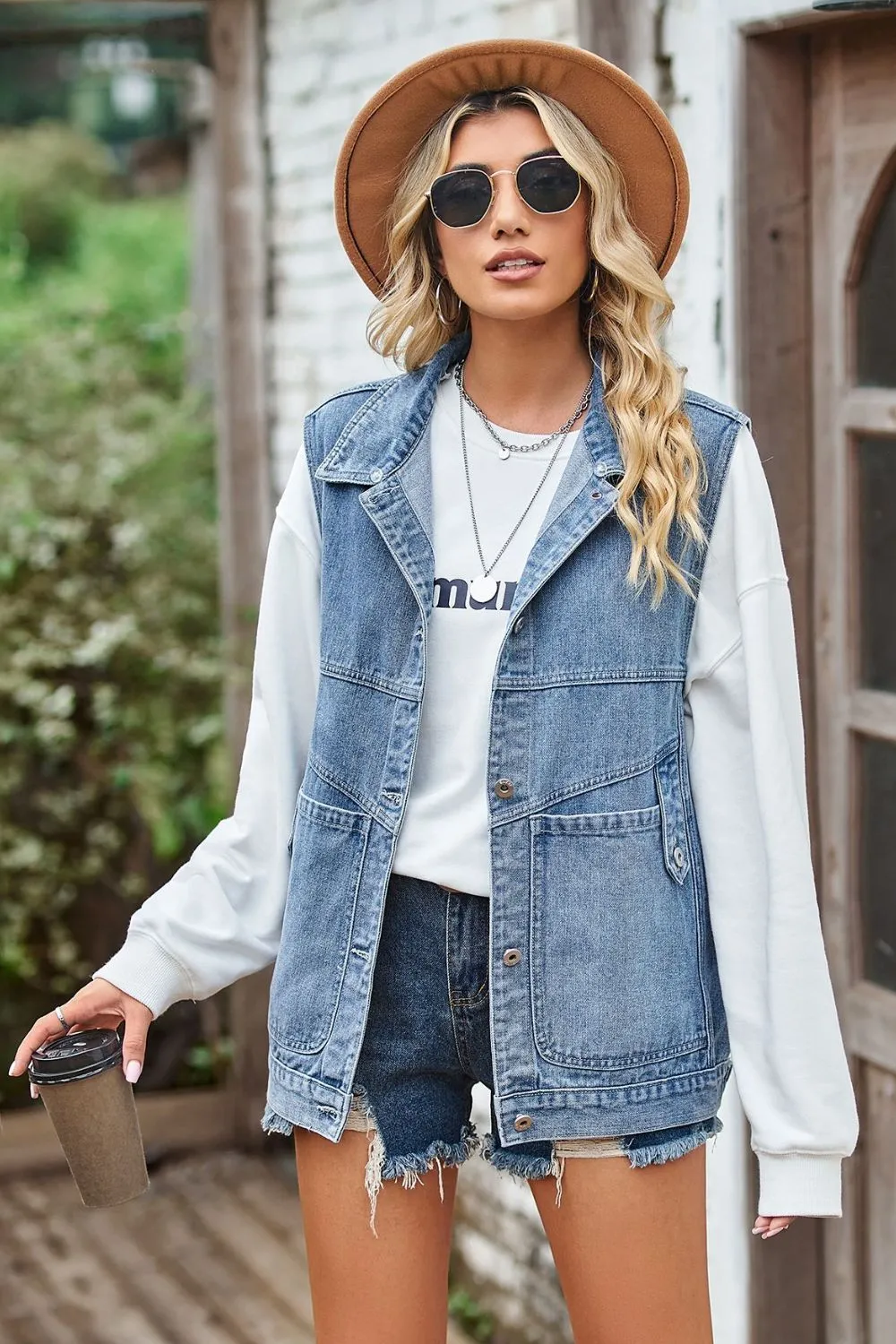 Sleeveless Denim Jacket with A Detachable Hood