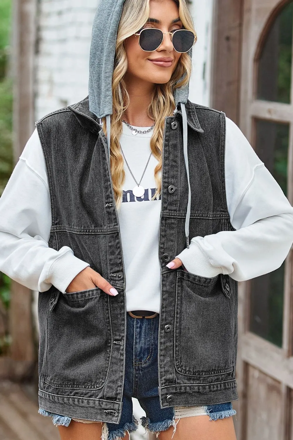 Sleeveless Denim Jacket with A Detachable Hood