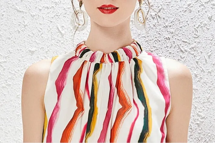 Striped Sleeveless Hollow-Out O-Neck Dress