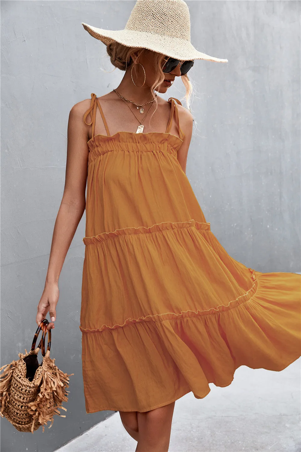 Tie-Shoulder Frill Trim Sleeveless Dress