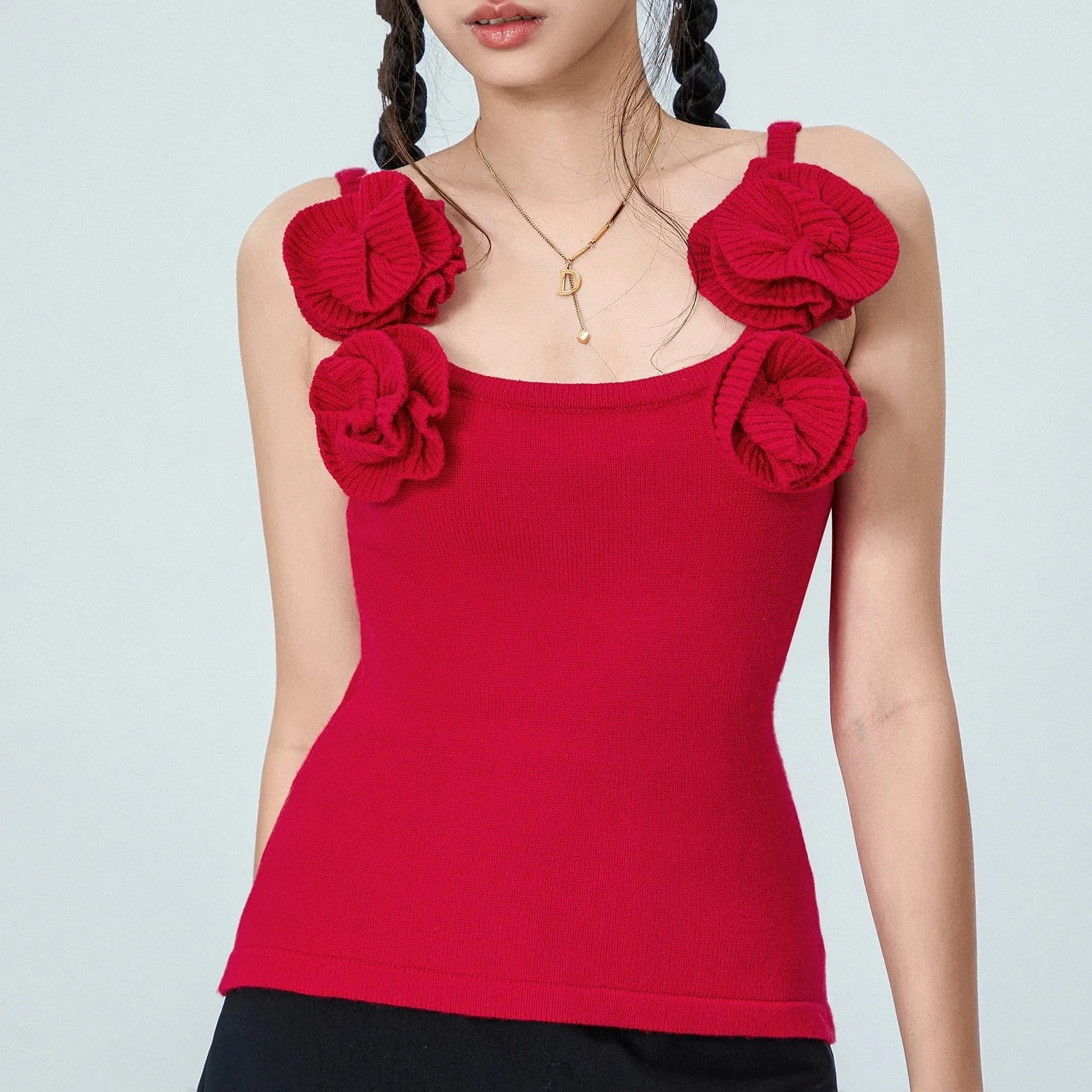 Women's Summer Chic Slim Fitted Tank Tops Red Sleeveless Flower Decor Tank Y2k Top